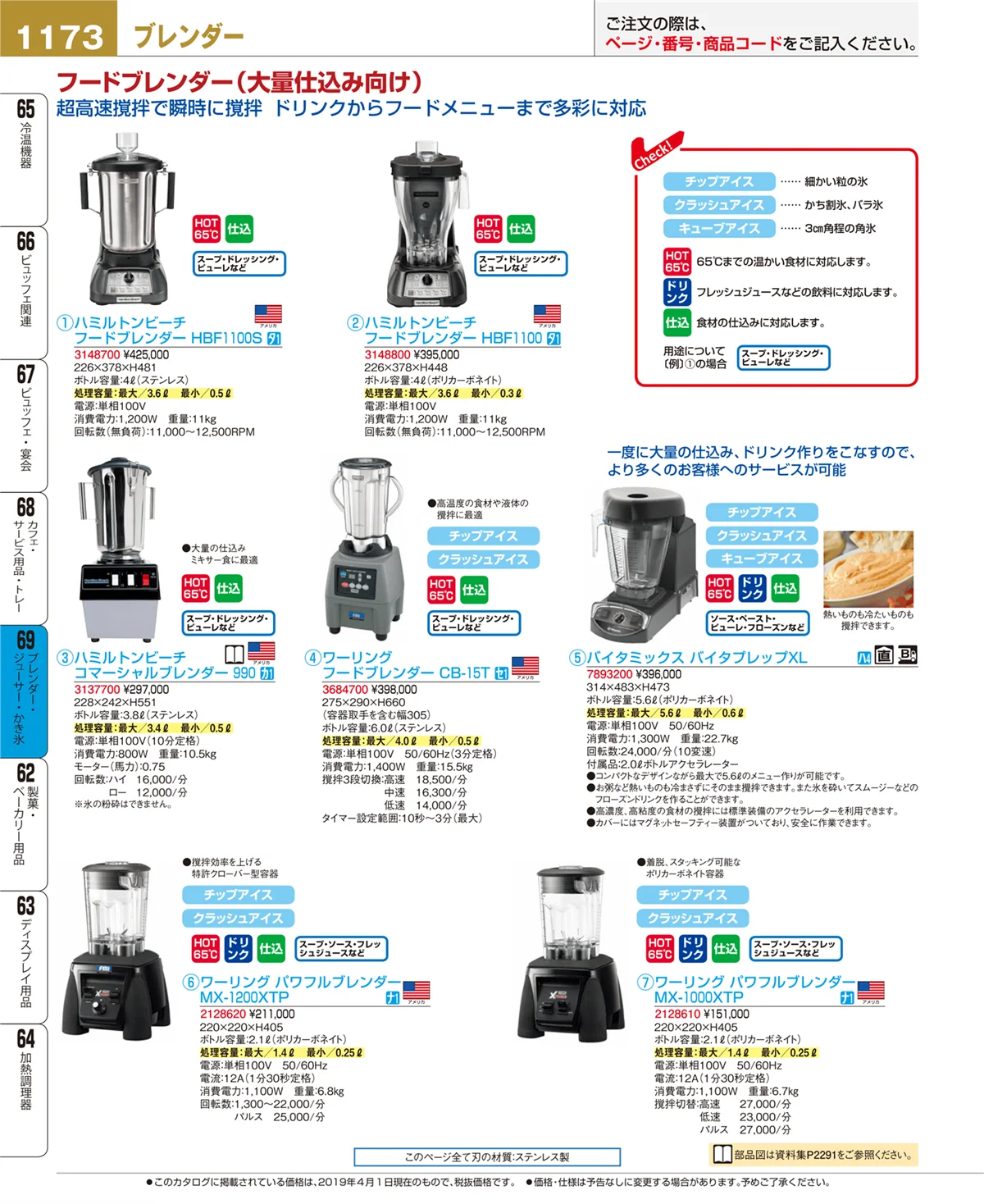 EBM業務用厨房用品カタログvol.19・ページ番号1173・ブレンダー・ジューサー・かき氷