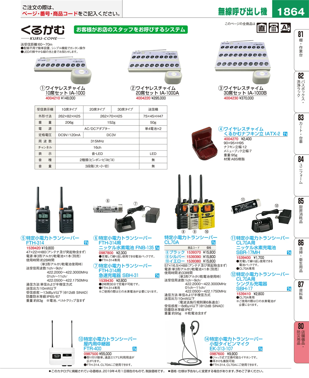 EBM業務用厨房用品カタログvol.19・ページ番号1864・店舗備品・防災用品