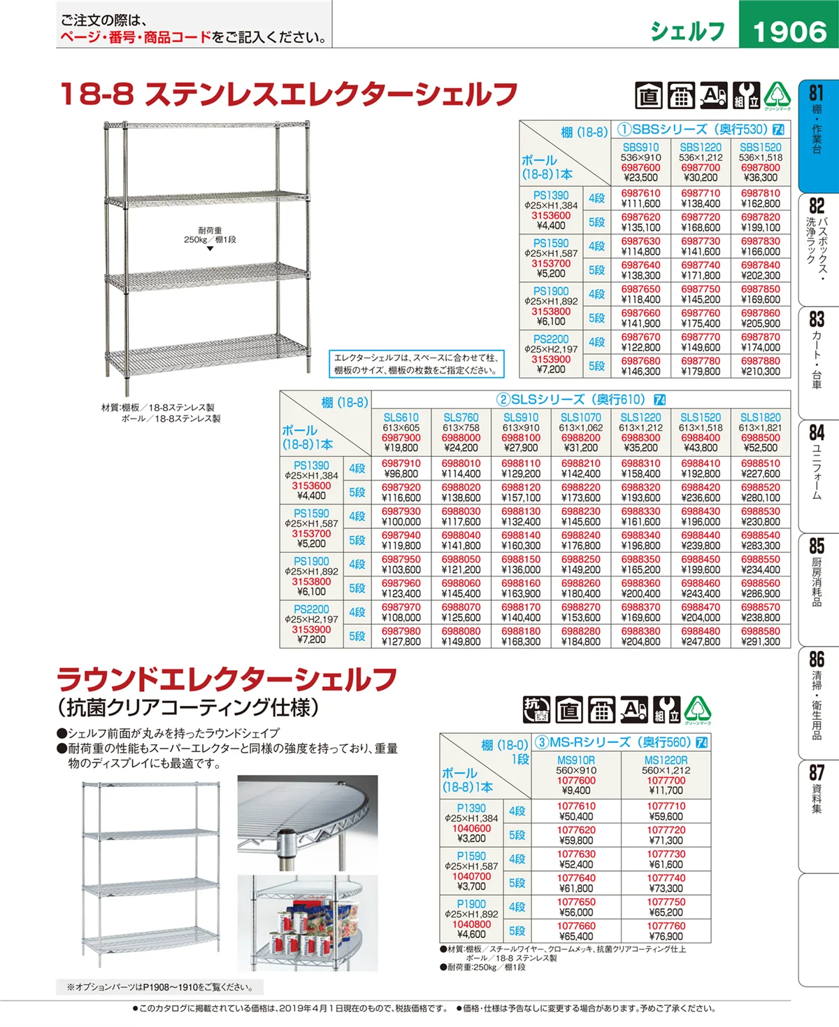 EBM業務用厨房用品カタログvol.19・ページ番号1906・棚・作業台