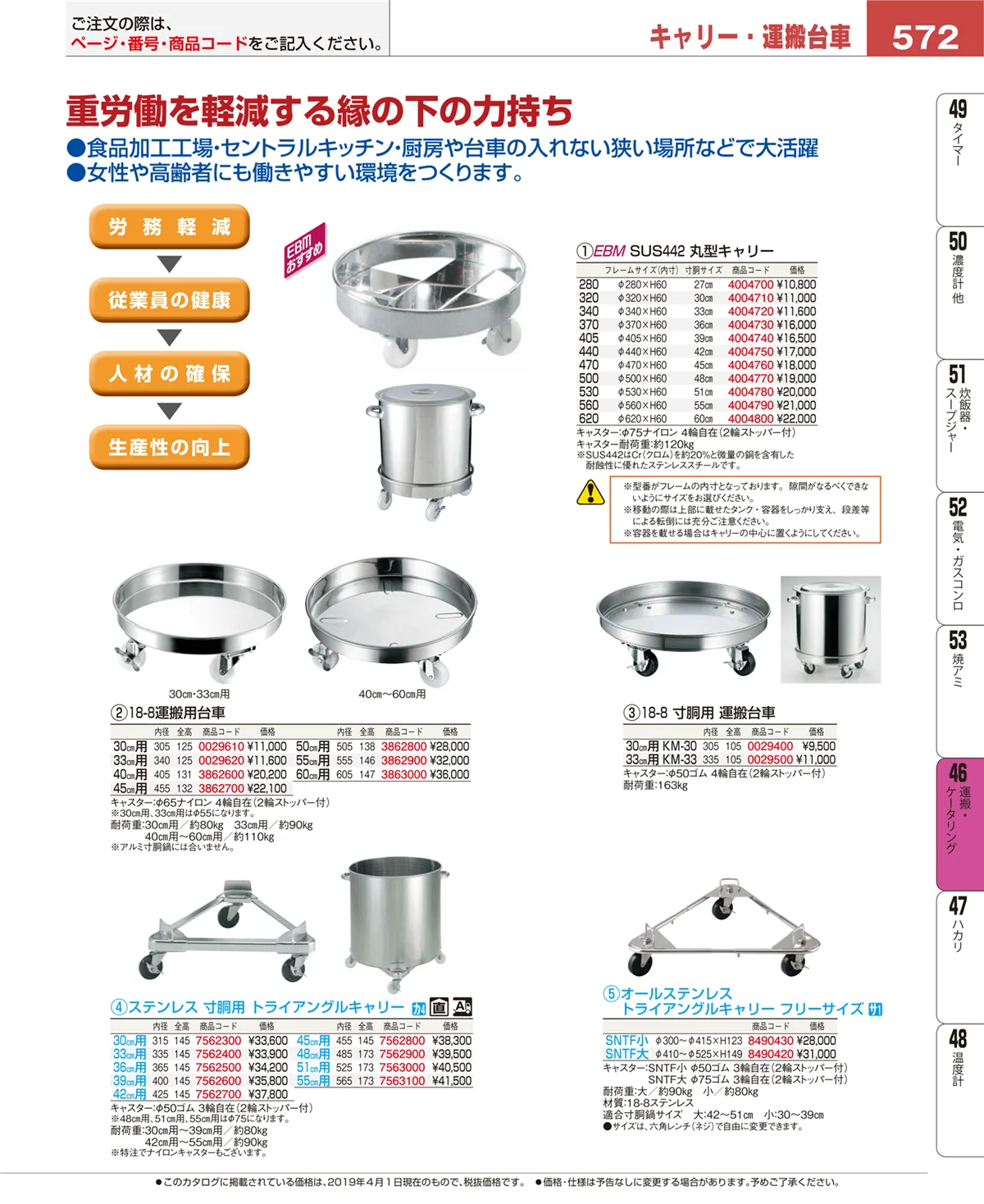 EBM業務用厨房用品カタログvol.19・ページ番号572・運搬・ケータリング