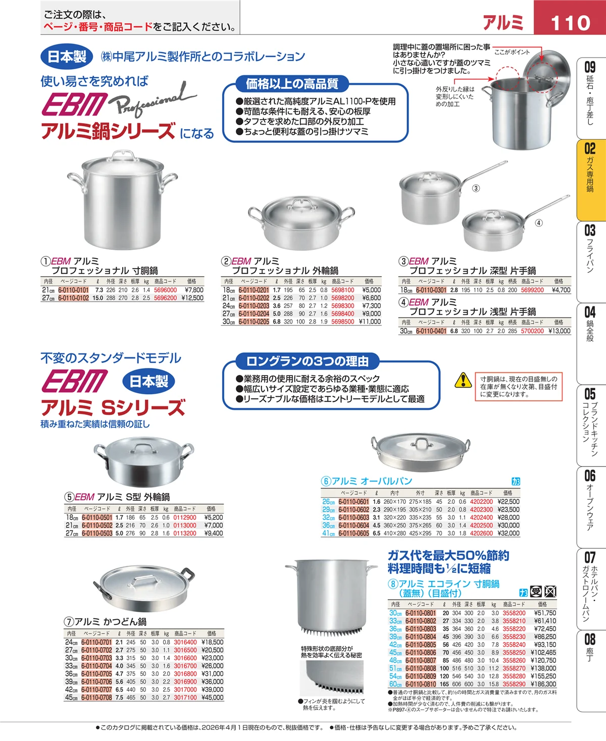 EBM業務用厨房用品カタログvol.26・ページ番号110・ＩＨ・ガス兼用鍋